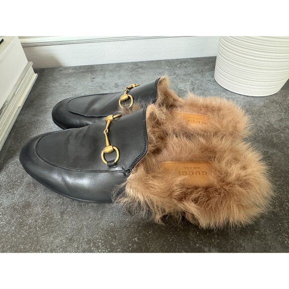 Gucci Princetown Fur Mule Black Patent Leather Slipper size 38.5 - Picture 2 of 8